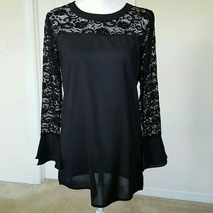 NWT Black bell-sleeved chiffon tunic w/lace trim